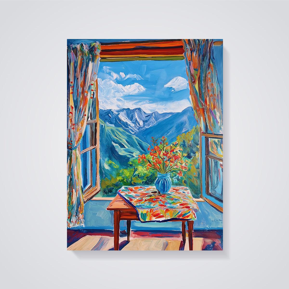 Mountain Window View with Flowers Print unframed on a grey background