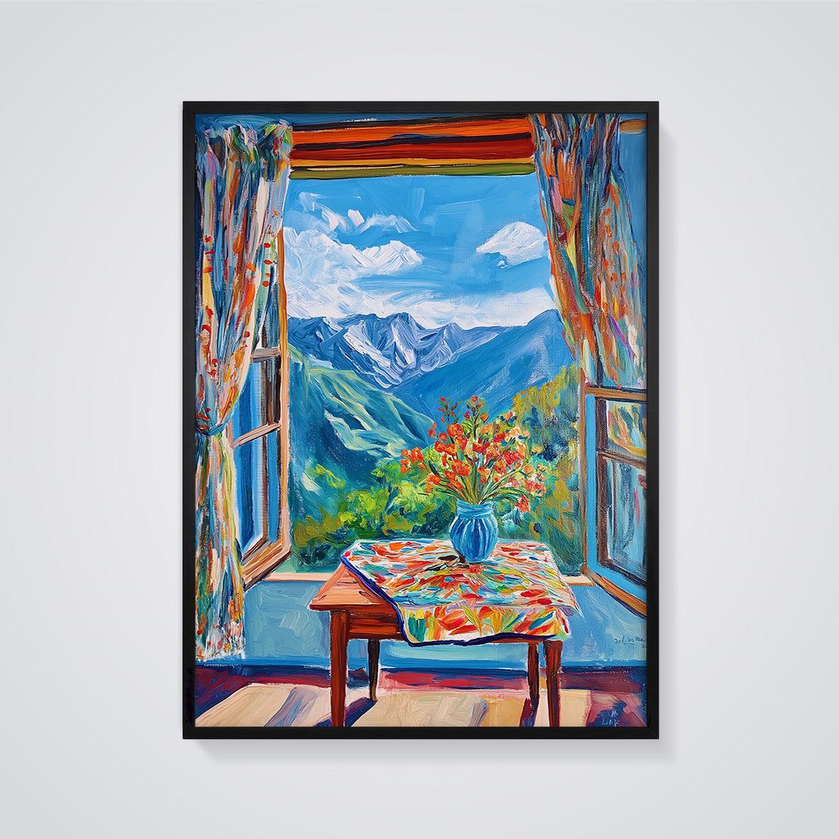 Mountain Window View with Flowers Print framed in black on a grey background