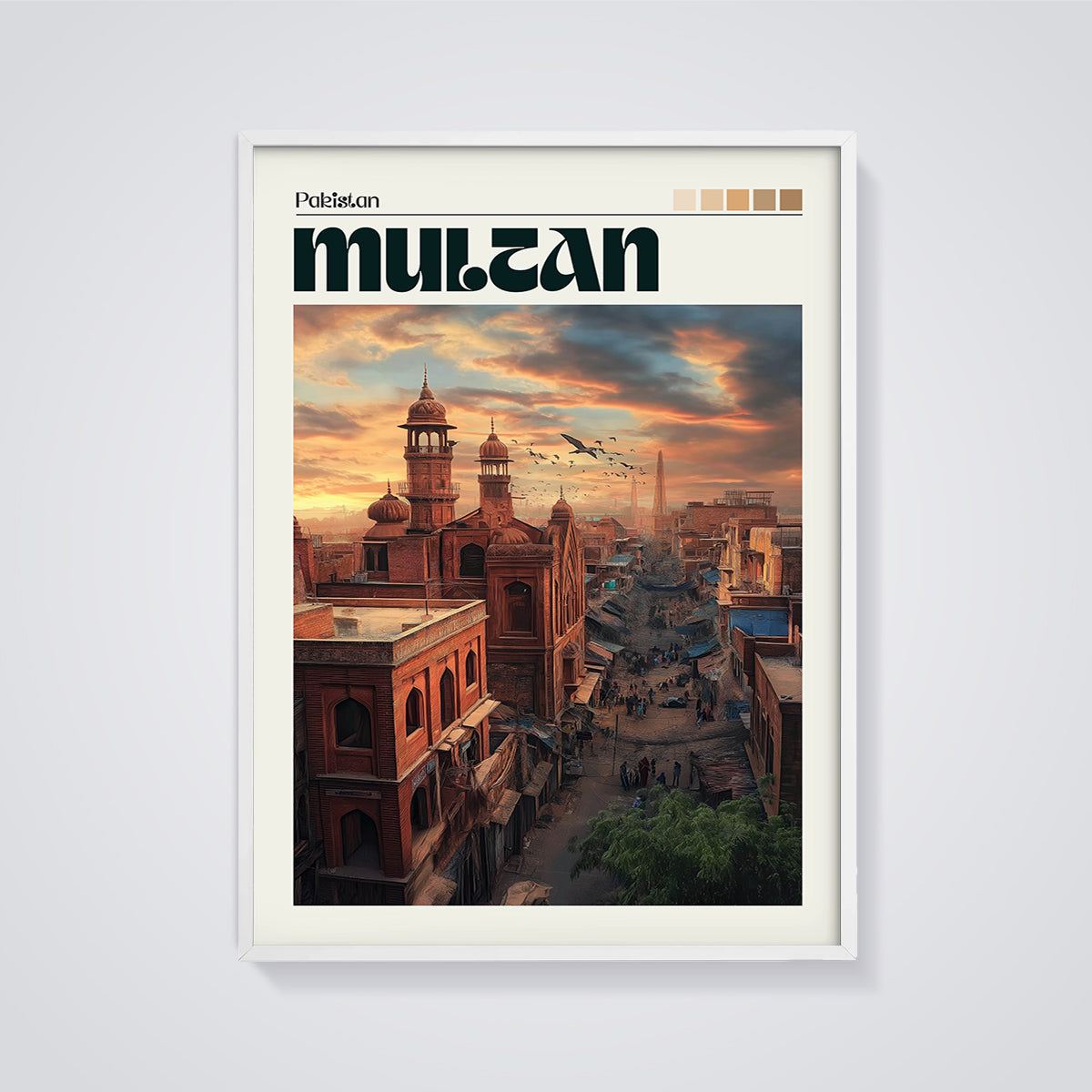 Multan Old City Sunset Print framed in white on a grey background