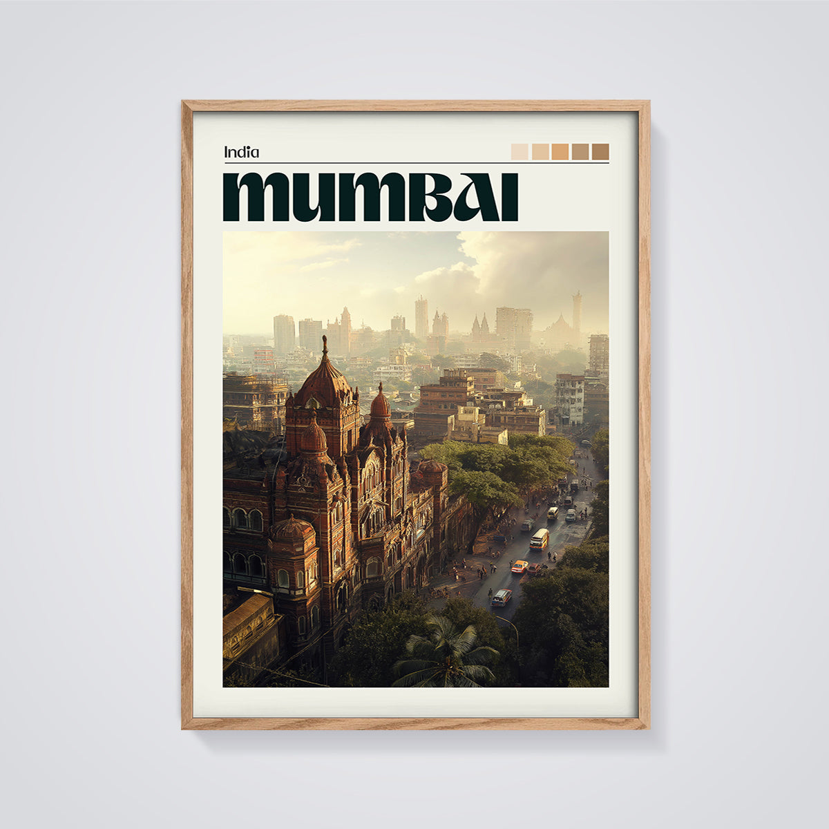 Mumbai Street Architecture Print framed in oak on a grey background