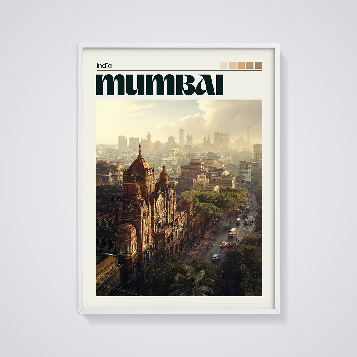 Mumbai Street Architecture Print framed in white on a grey background