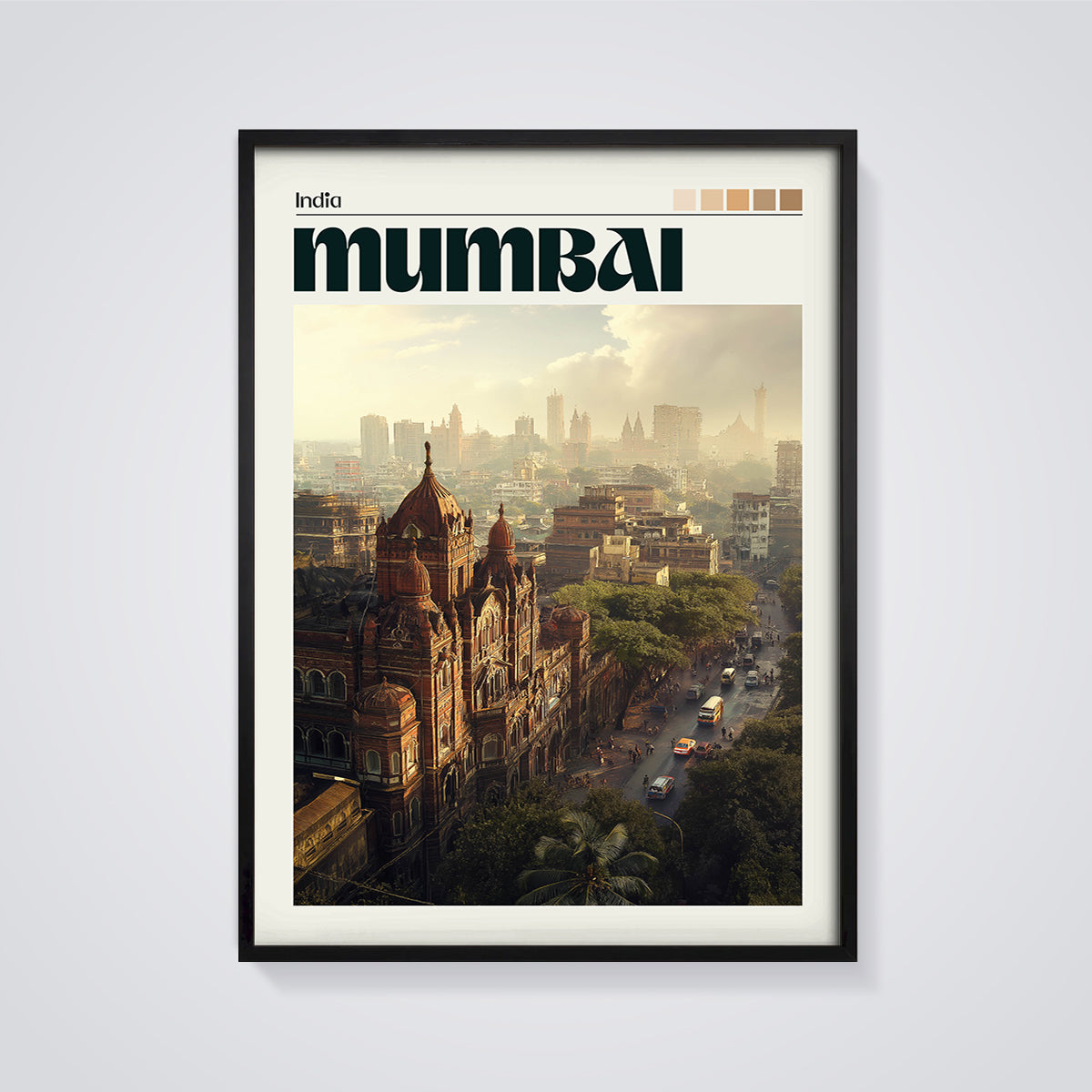 Mumbai Street Architecture Print framed in black on a grey background