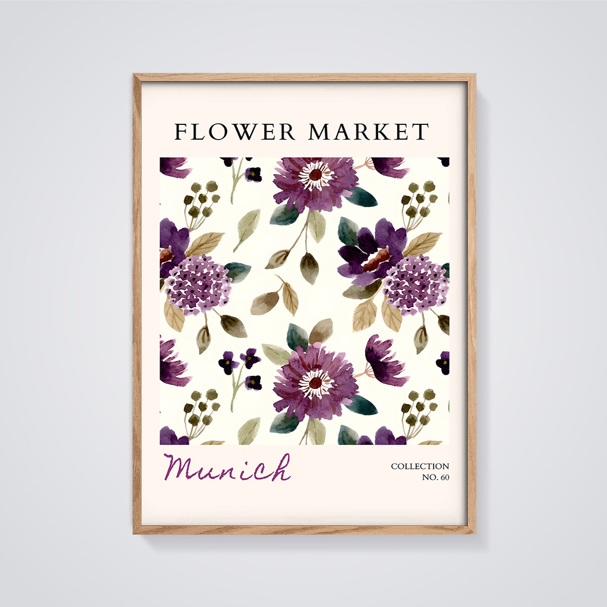 Munich Flower Market Print framed in oak on a grey background