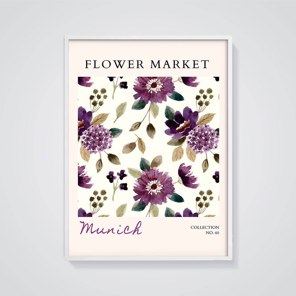 Munich Flower Market Print framed in white on a grey background