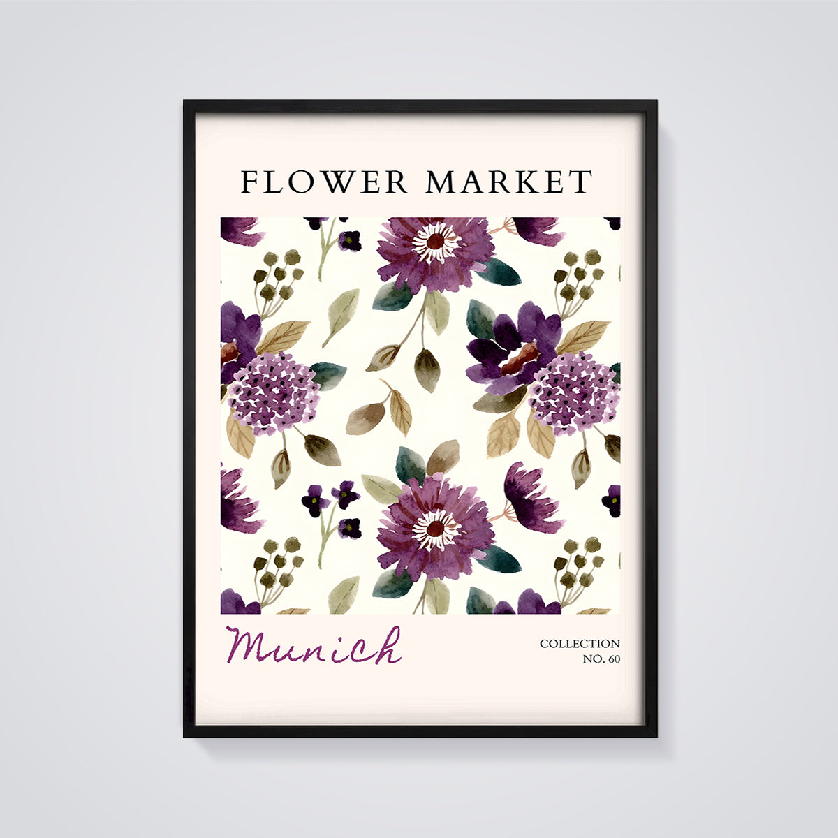 Munich Flower Market Print framed in black on a grey background