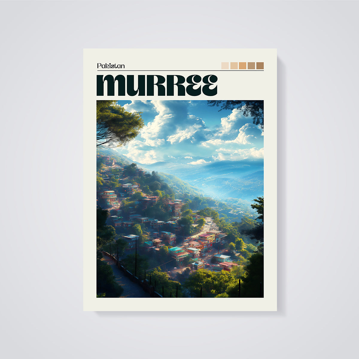 Murree Pakistan Hillside Print unframed on a grey background