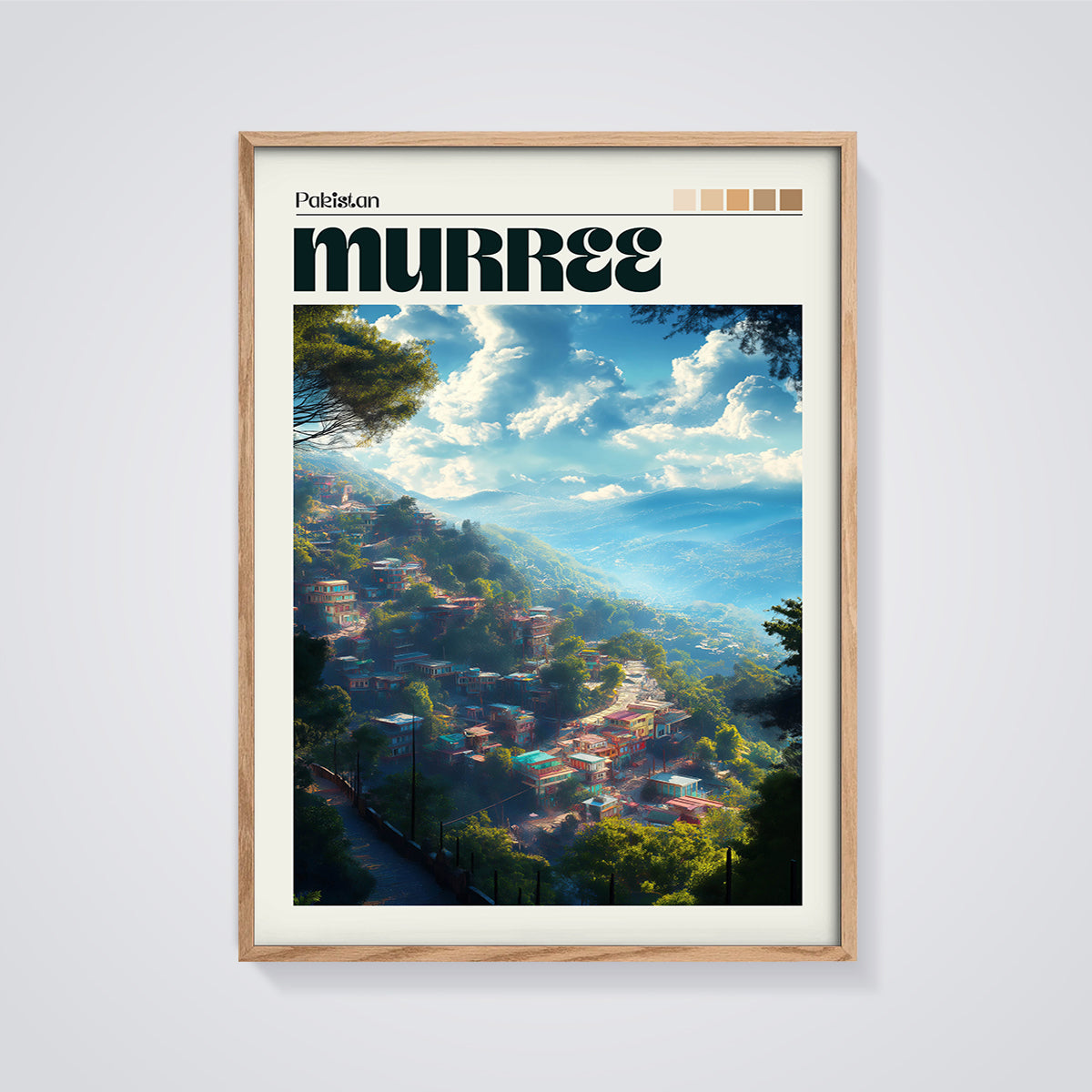 Murree Pakistan Hillside Print framed in oak on a grey background