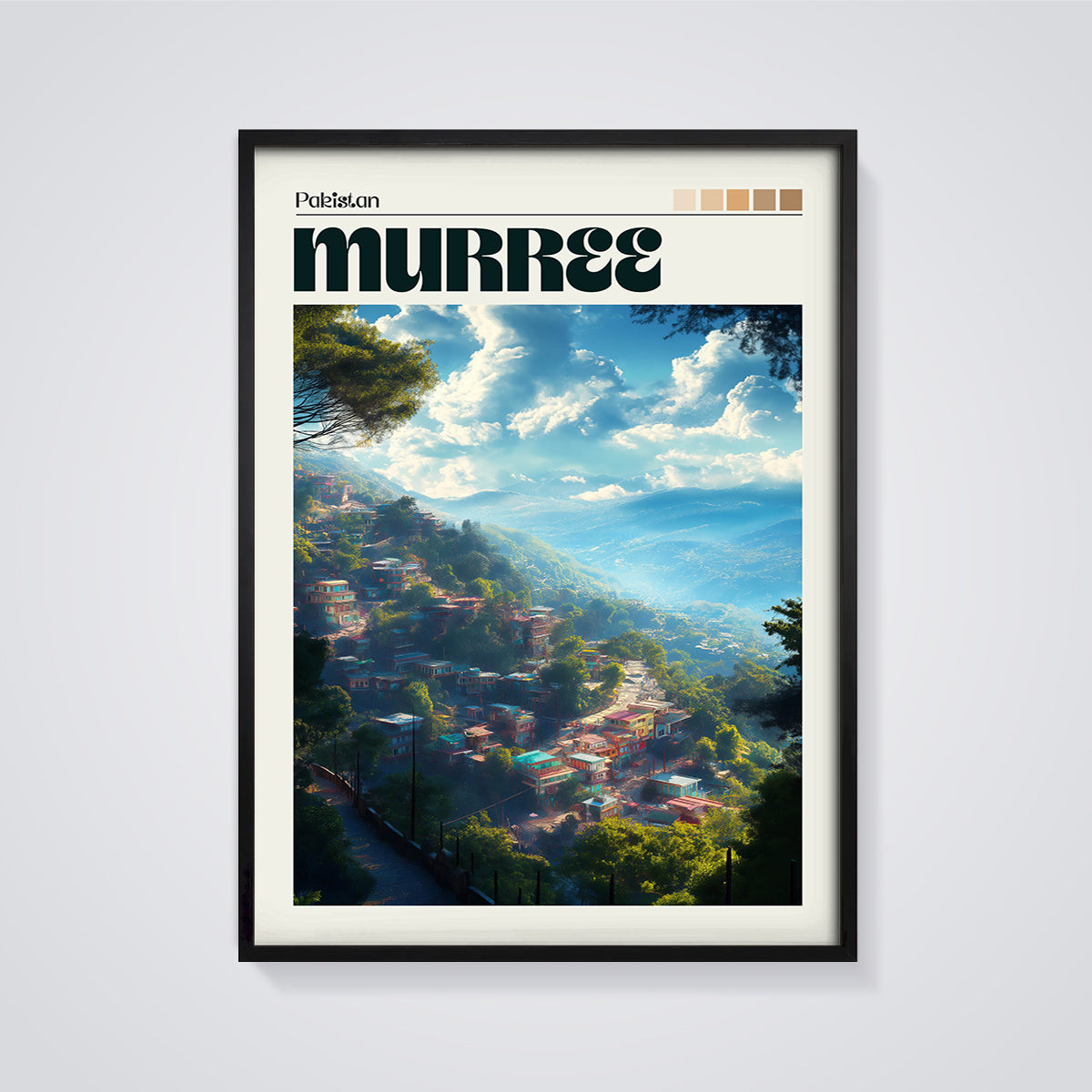 Murree Pakistan Hillside Print framed in black on a grey background