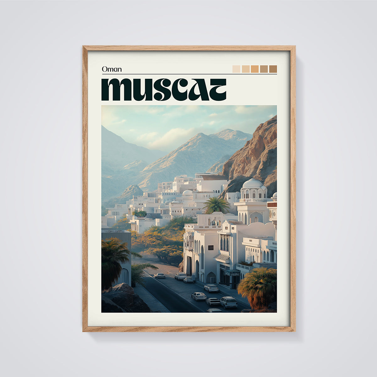 Muscat Oman Cityscape Print framed in oak on a grey background