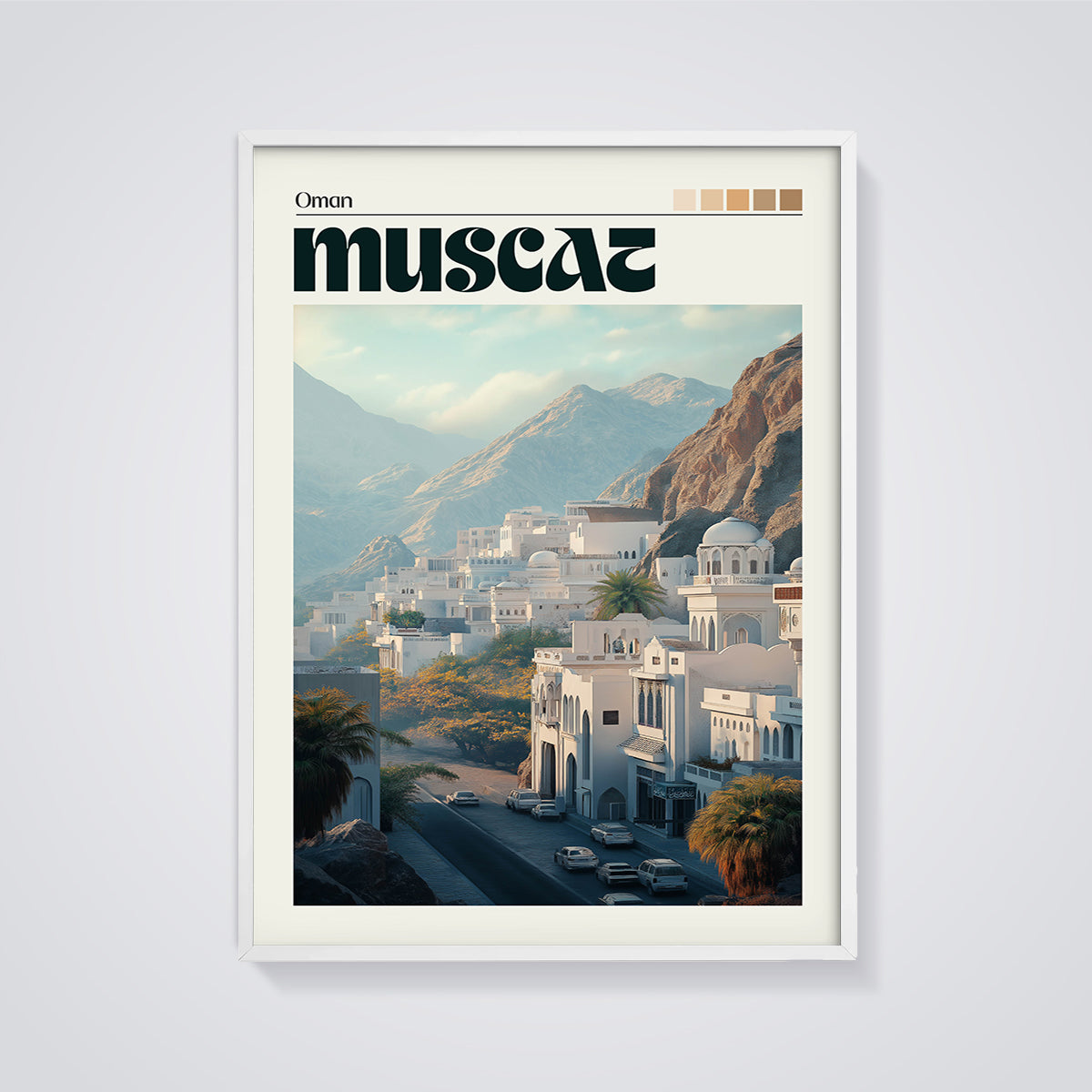 Muscat Oman Cityscape Print framed in white on a grey background