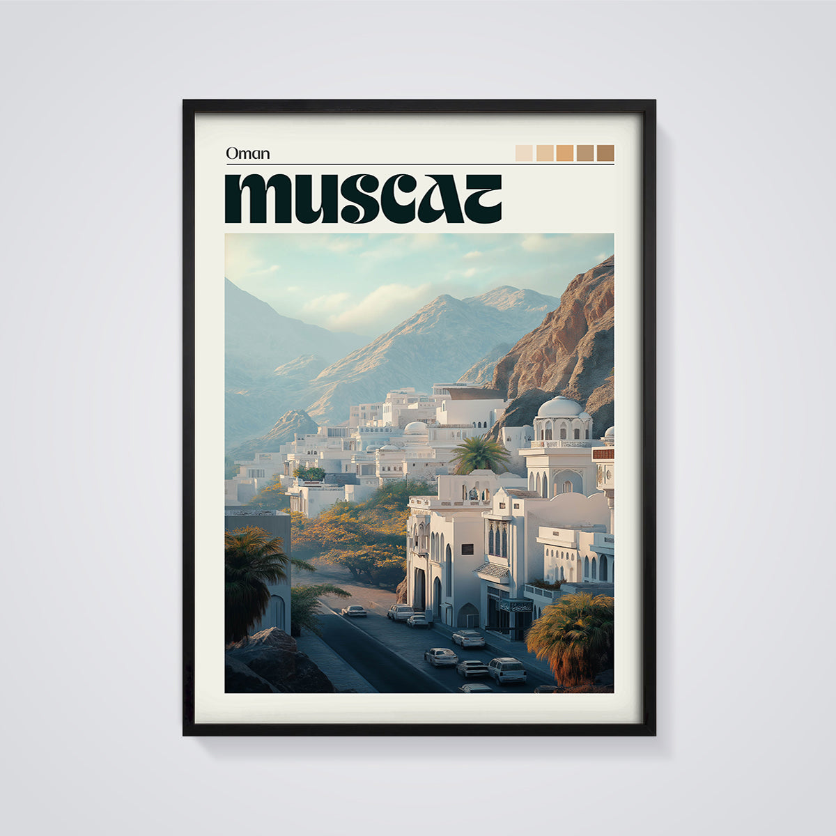 Muscat Oman Cityscape Print framed in black on a grey background