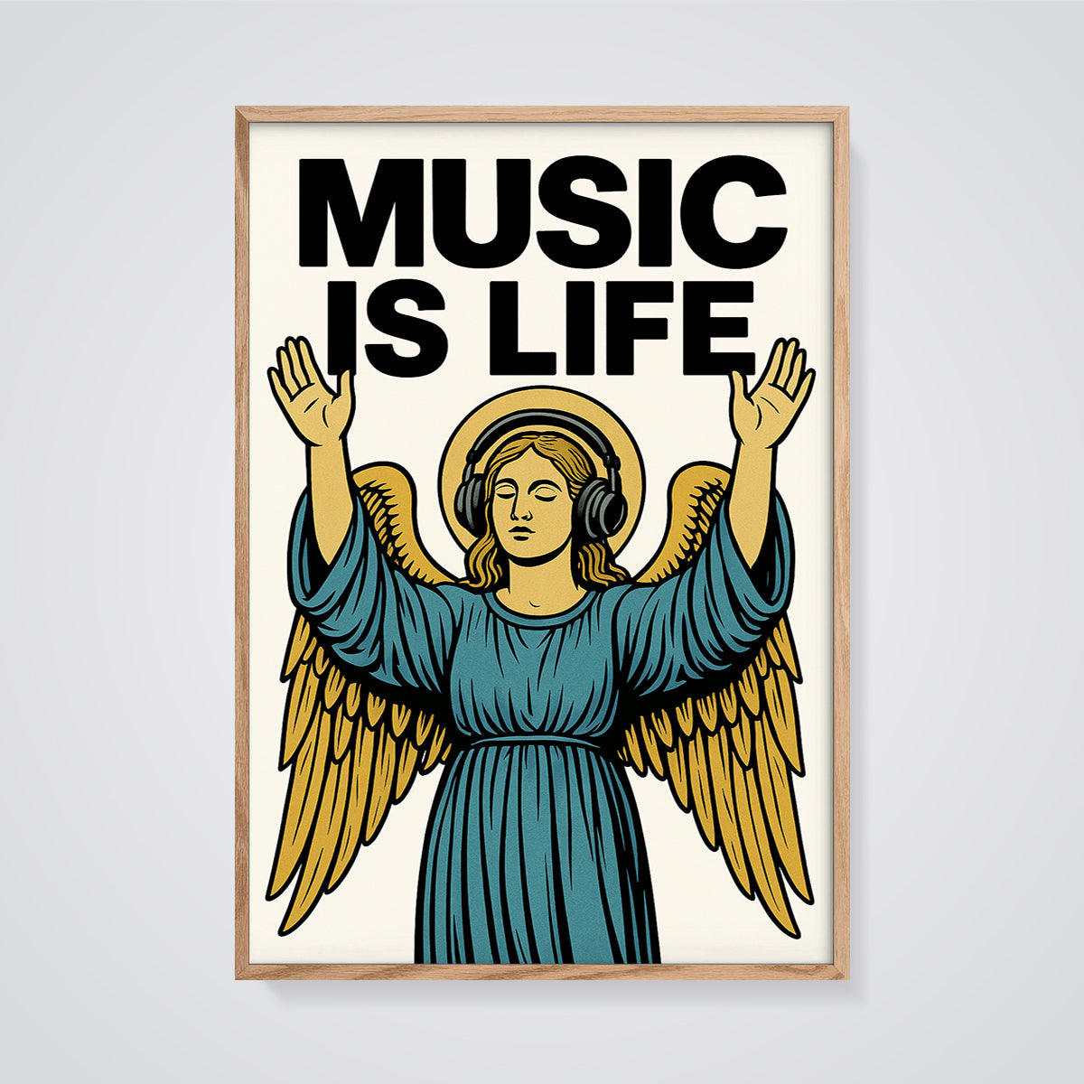 Music is Life Angel Print framed in oak on a grey background
