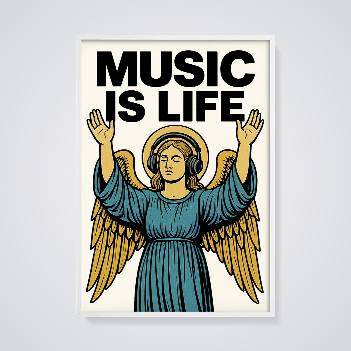 Music is Life Angel Print framed in white on a grey background