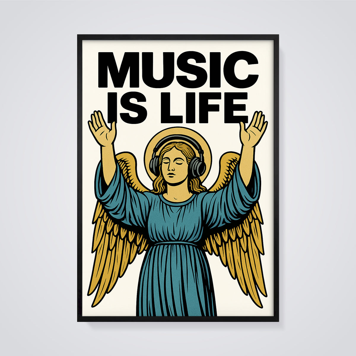 Music is Life Angel Print framed in black on a grey background