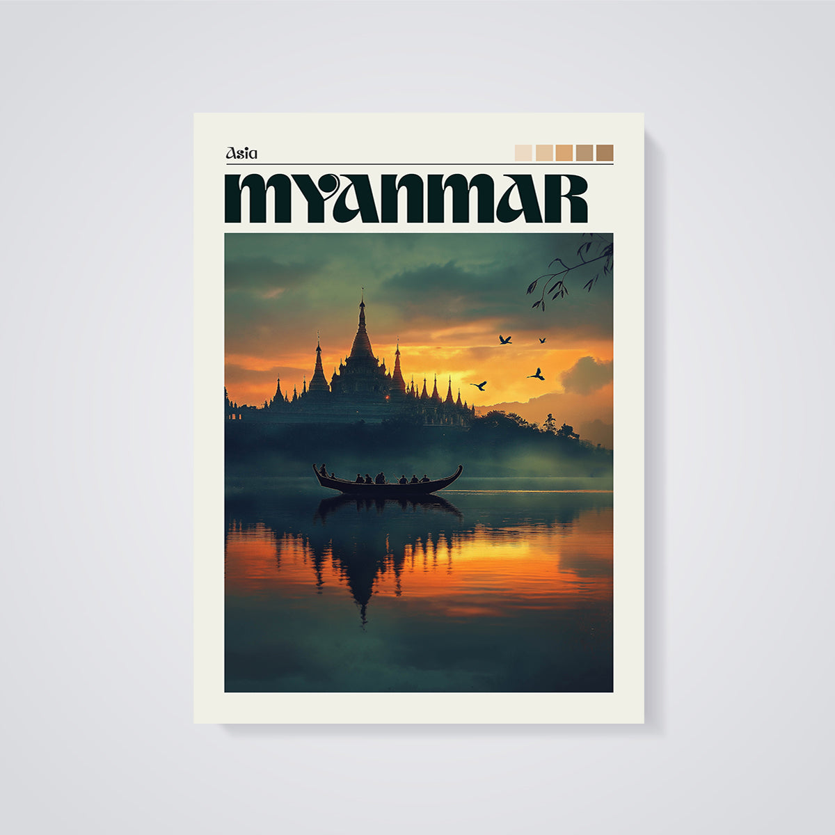 Myanmar Temple Lake Sunset Print unframed on a grey background