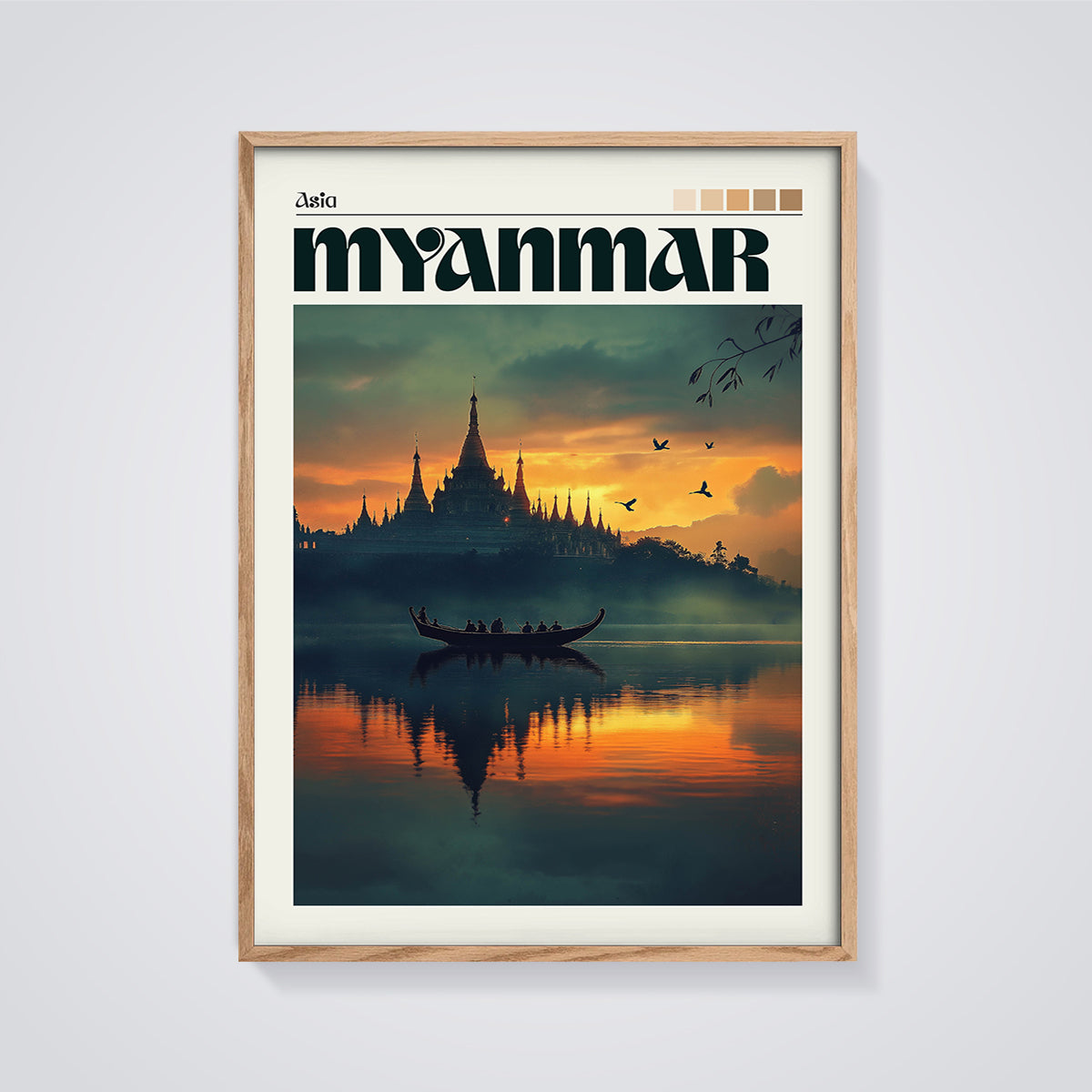 Myanmar Temple Lake Sunset Print framed in oak on a grey background