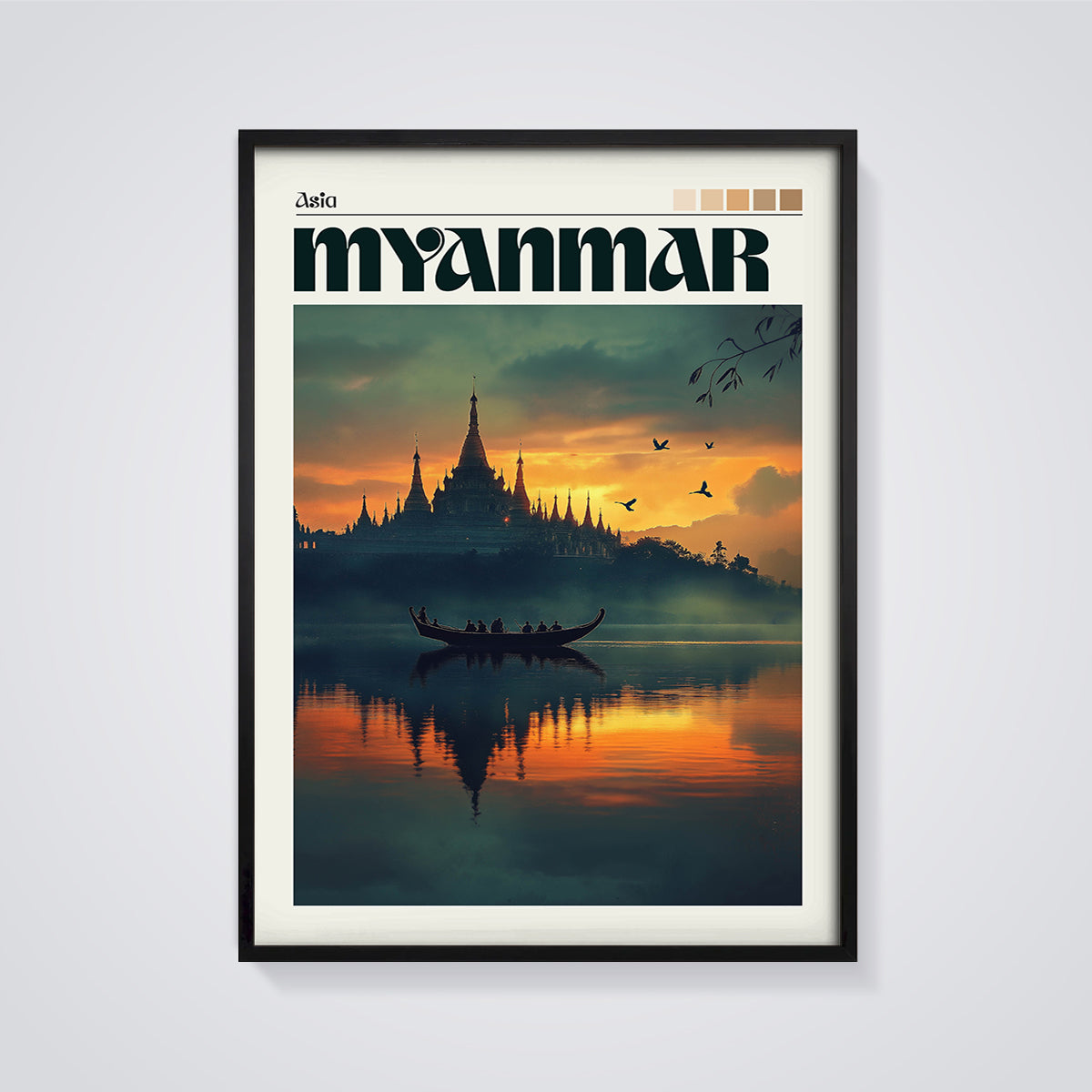 Myanmar Temple Lake Sunset Print framed in black on a grey background