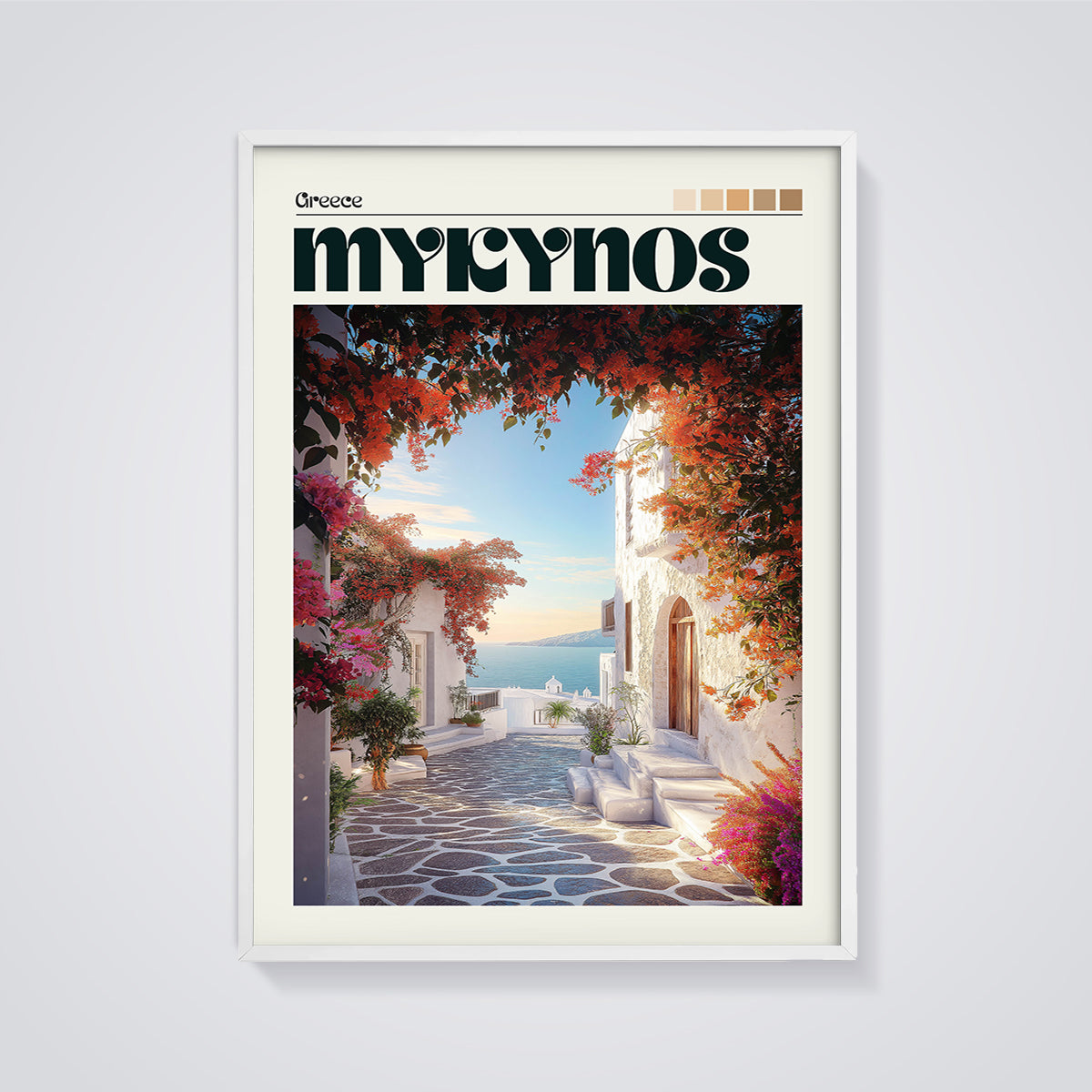 Mykonos Bougainvillea Alleyway Print framed in white on a grey background