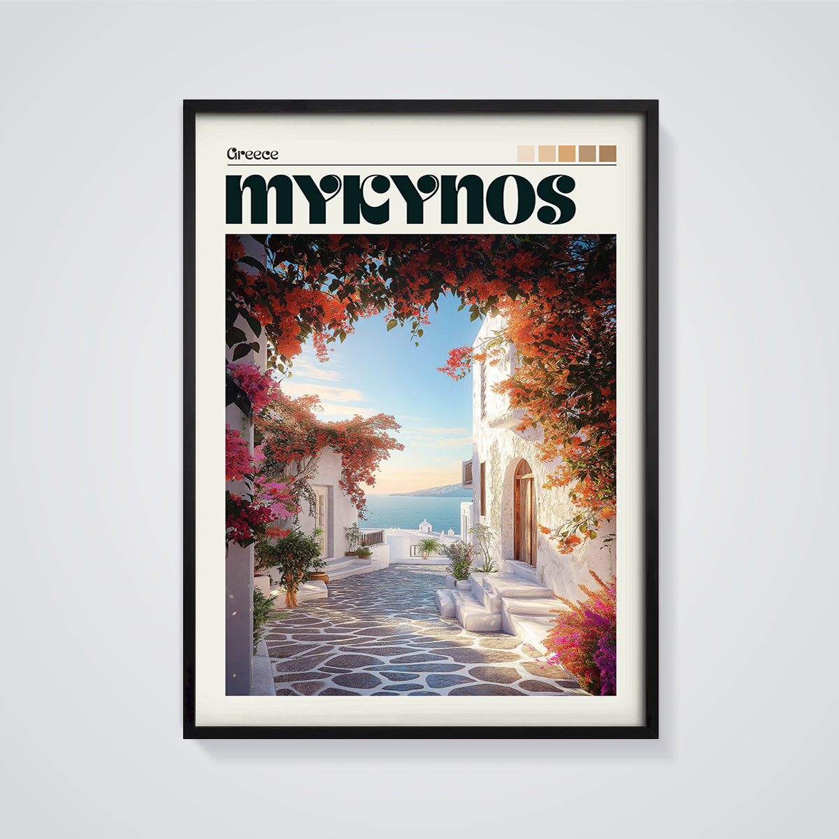 Mykonos Bougainvillea Alleyway Print framed in black on a grey background