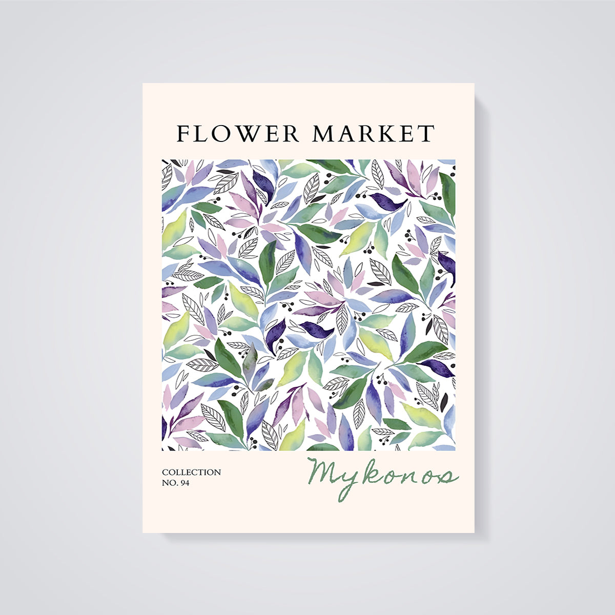 Mykonos Flower Market Leaves Print unframed on a grey background