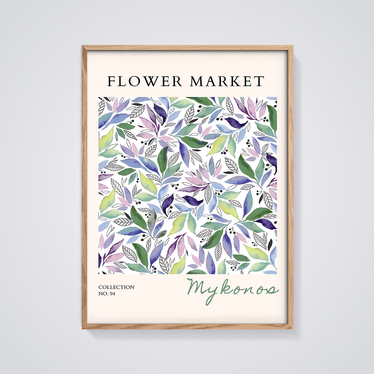 Mykonos Flower Market Leaves Print framed in oak on a grey background