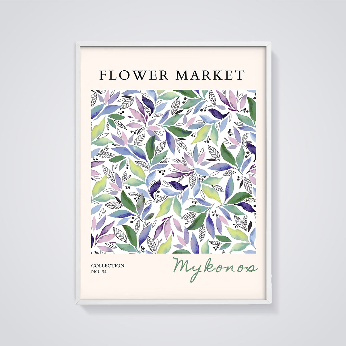Mykonos Flower Market Leaves Print framed in white on a grey background