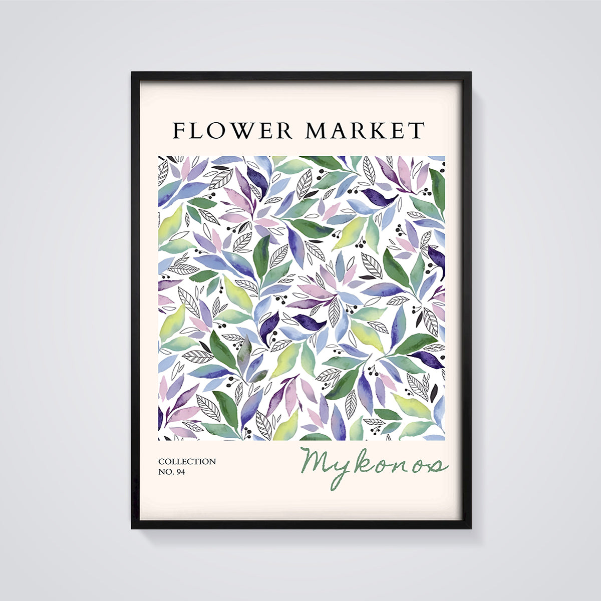 Mykonos Flower Market Leaves Print framed in black on a grey background