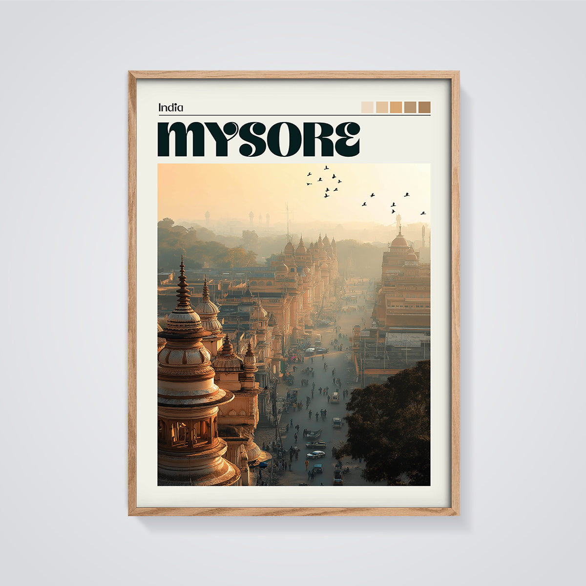 Mysore City Street Print framed in oak on a grey background
