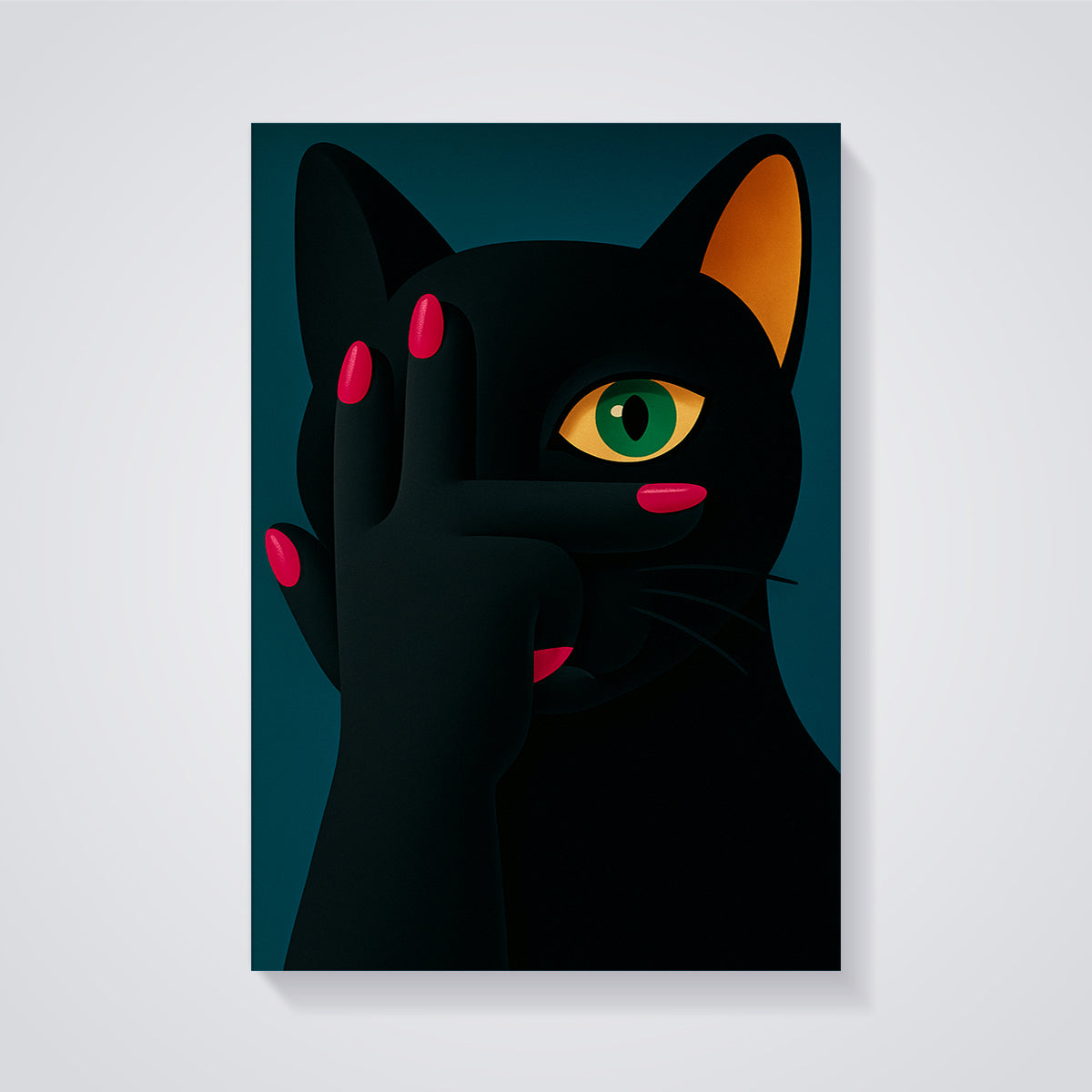 Mysterious Black Cat Print unframed on a grey background
