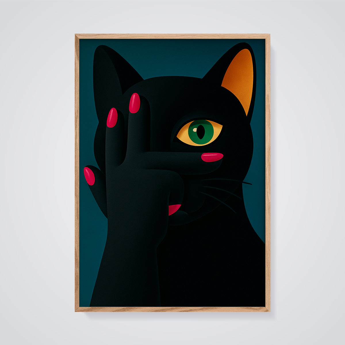 Mysterious Black Cat Print framed in oak on a grey background