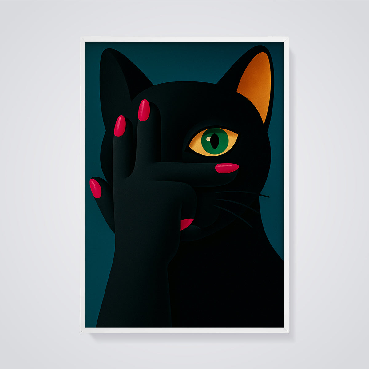 Mysterious Black Cat Print framed in white on a grey background