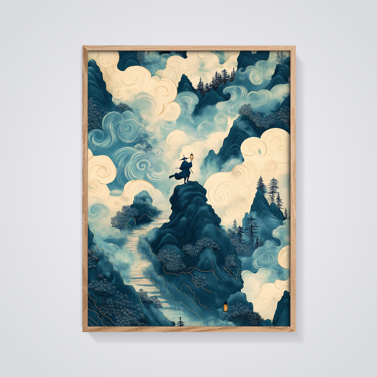Mystic Samurai Mountain Print framed in oak on a grey background