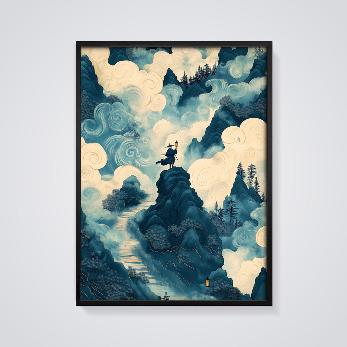 Mystic Samurai Mountain Print framed in black on a grey background