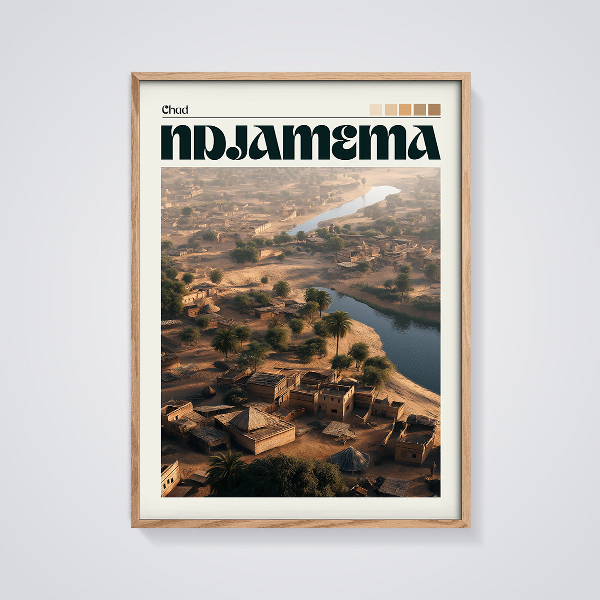 N'Djamena Chad Desert Village Print framed in oak on a grey background