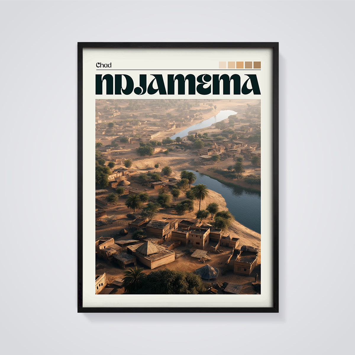 N'Djamena Chad Desert Village Print framed in black on a grey background