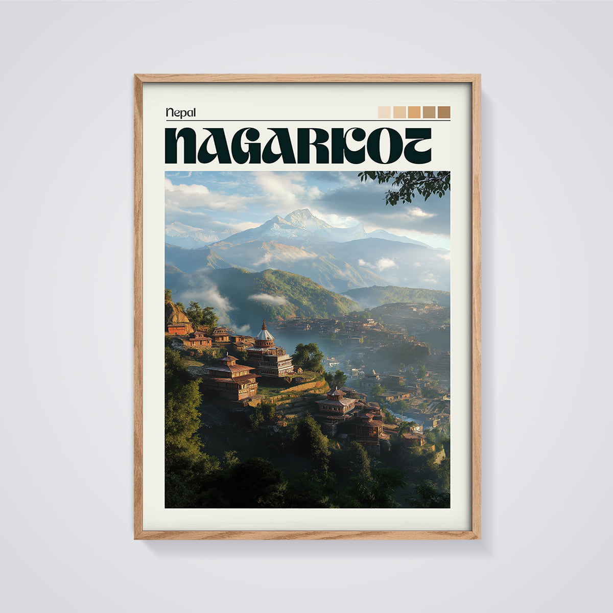 Nagarkot Nepal Mountain Village Print framed in oak on a grey background