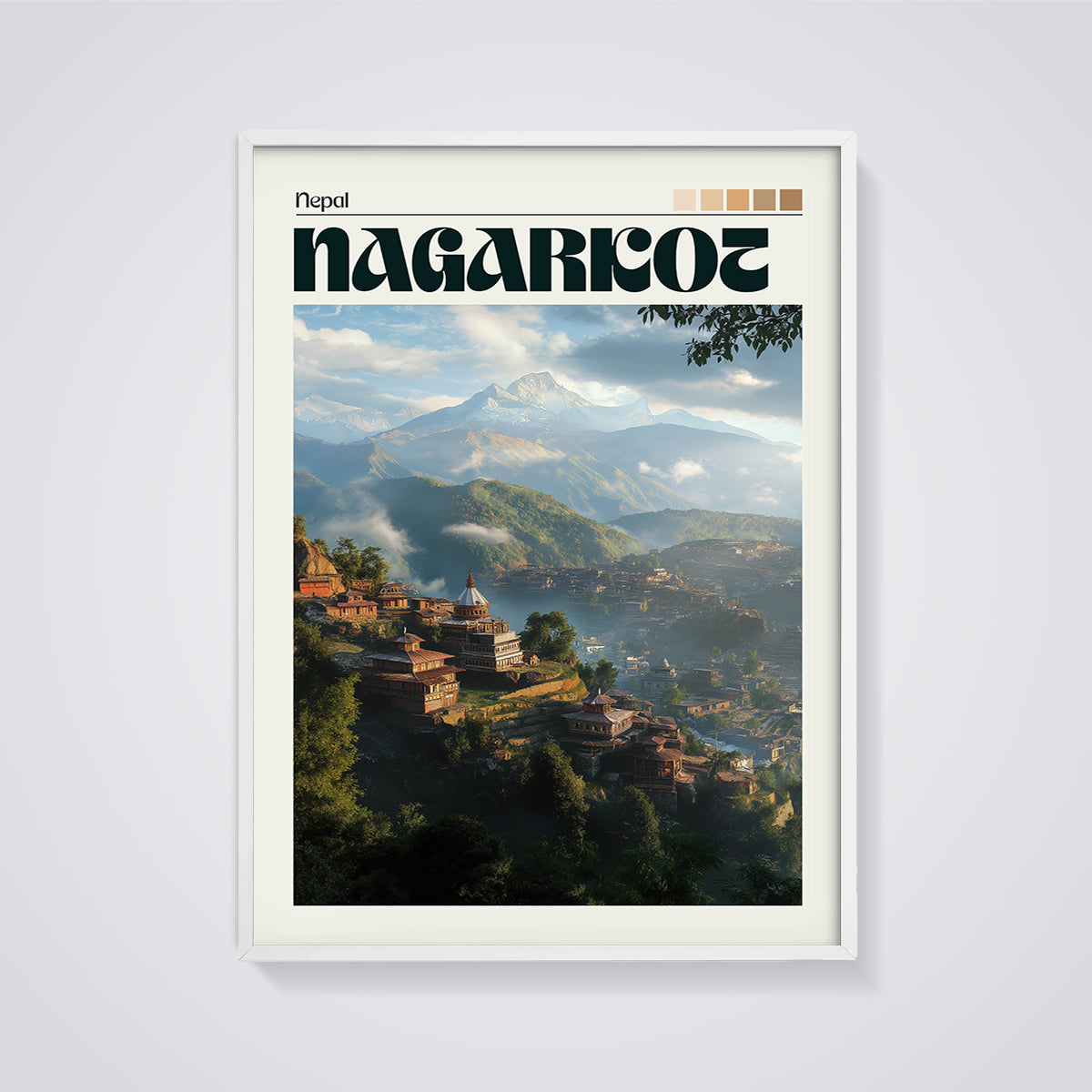 Nagarkot Nepal Mountain Village Print framed in white on a grey background