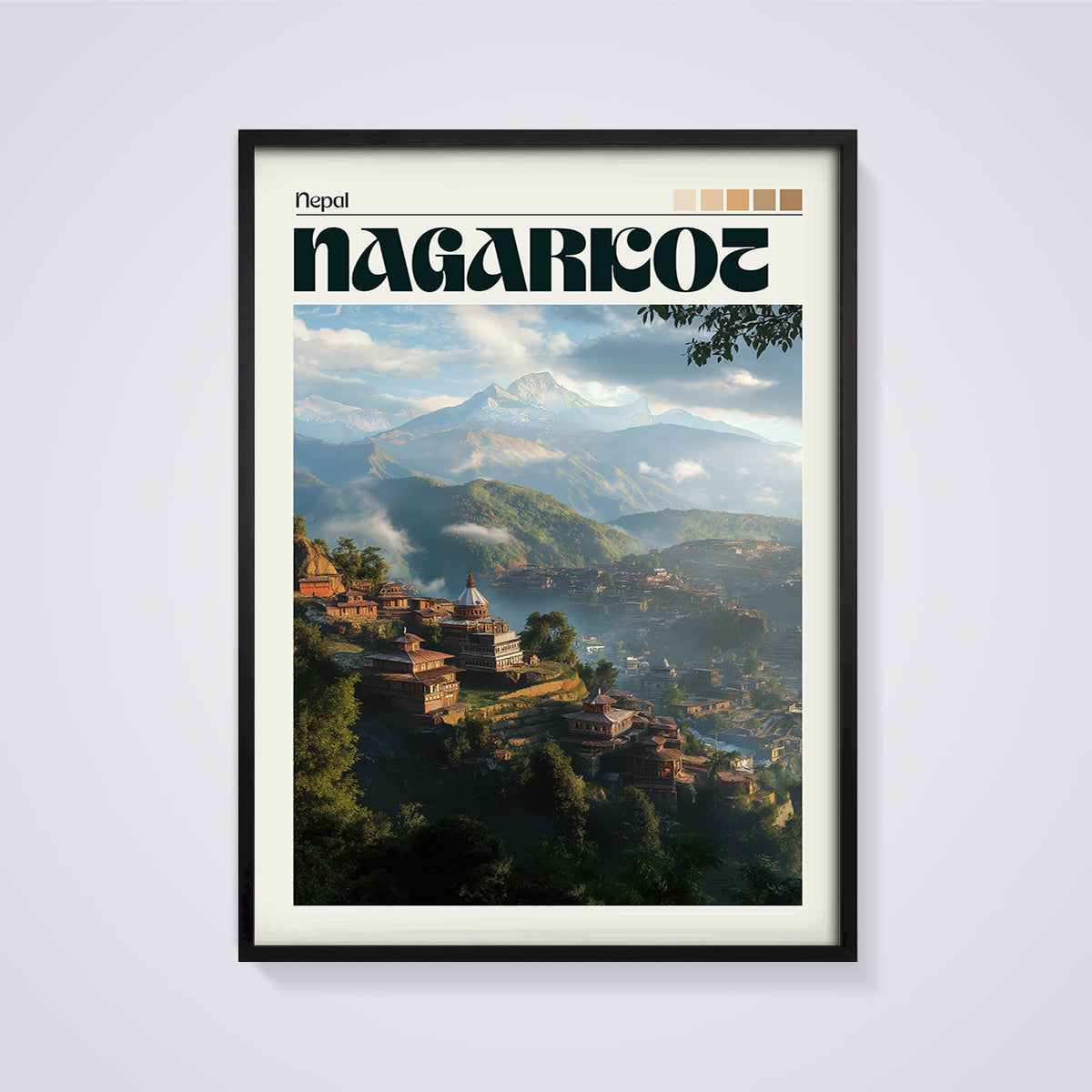 Nagarkot Nepal Mountain Village Print framed in black on a grey background