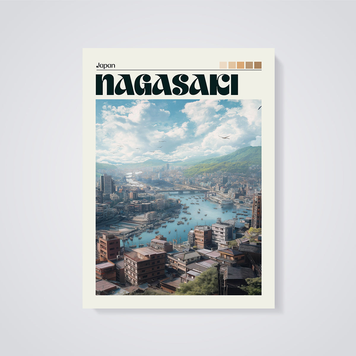 Nagasaki Bay Cityscape Print unframed on a grey background