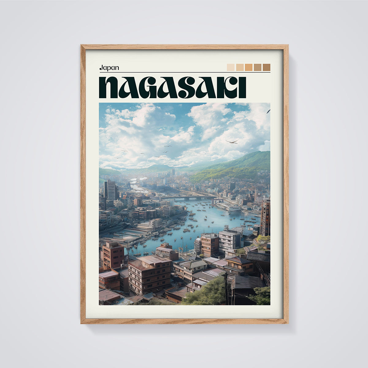 Nagasaki Bay Cityscape Print framed in oak on a grey background