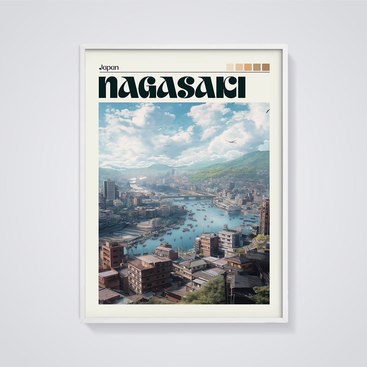 Nagasaki Bay Cityscape Print framed in white on a grey background