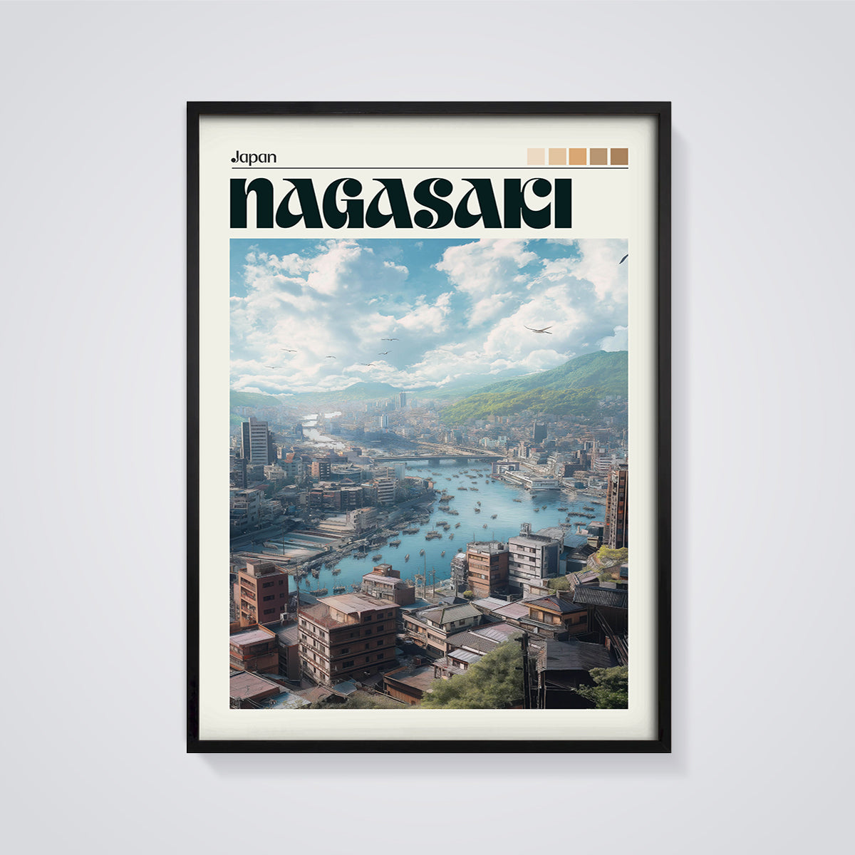 Nagasaki Bay Cityscape Print framed in black on a grey background