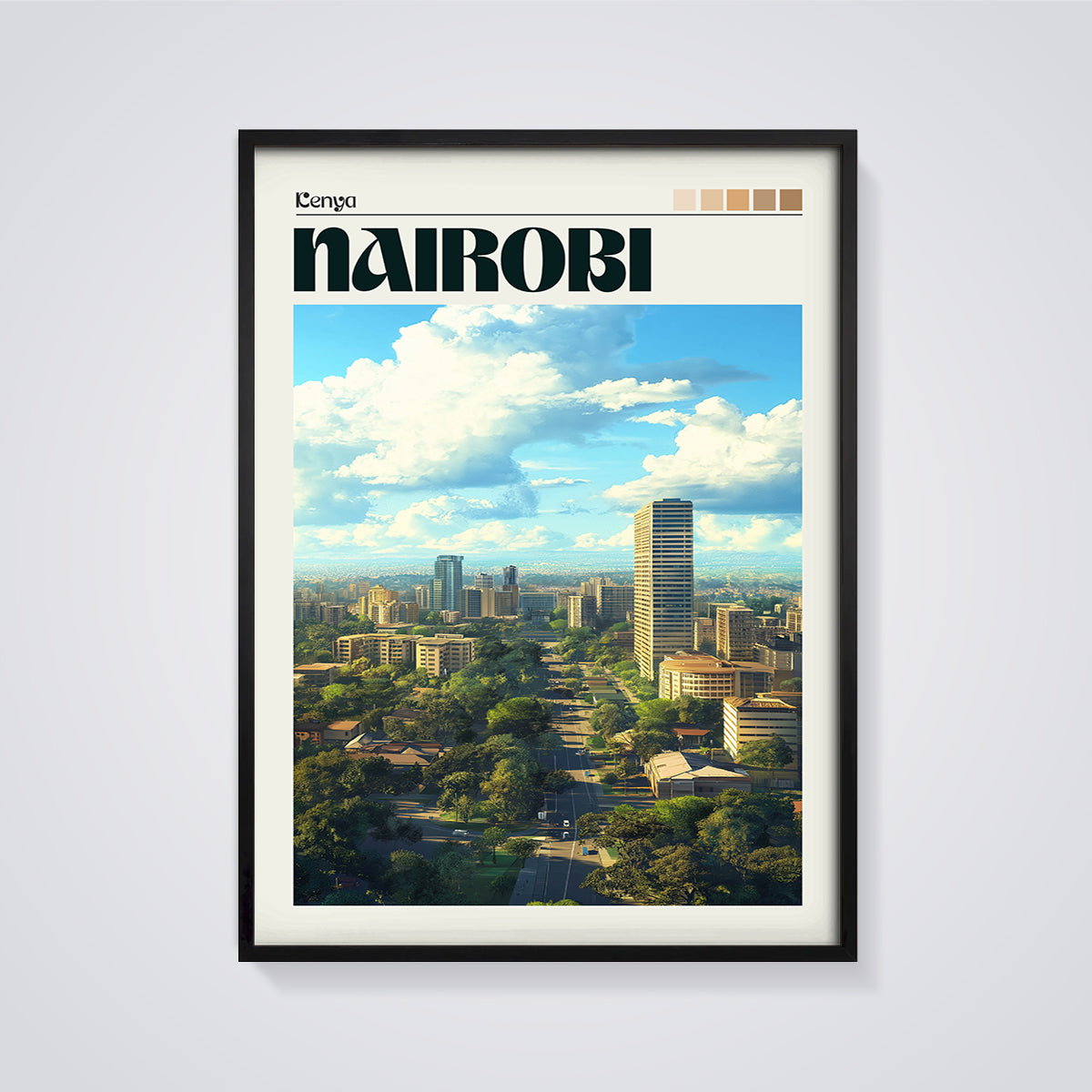 Nairobi Cityscape Print framed in black on a grey background