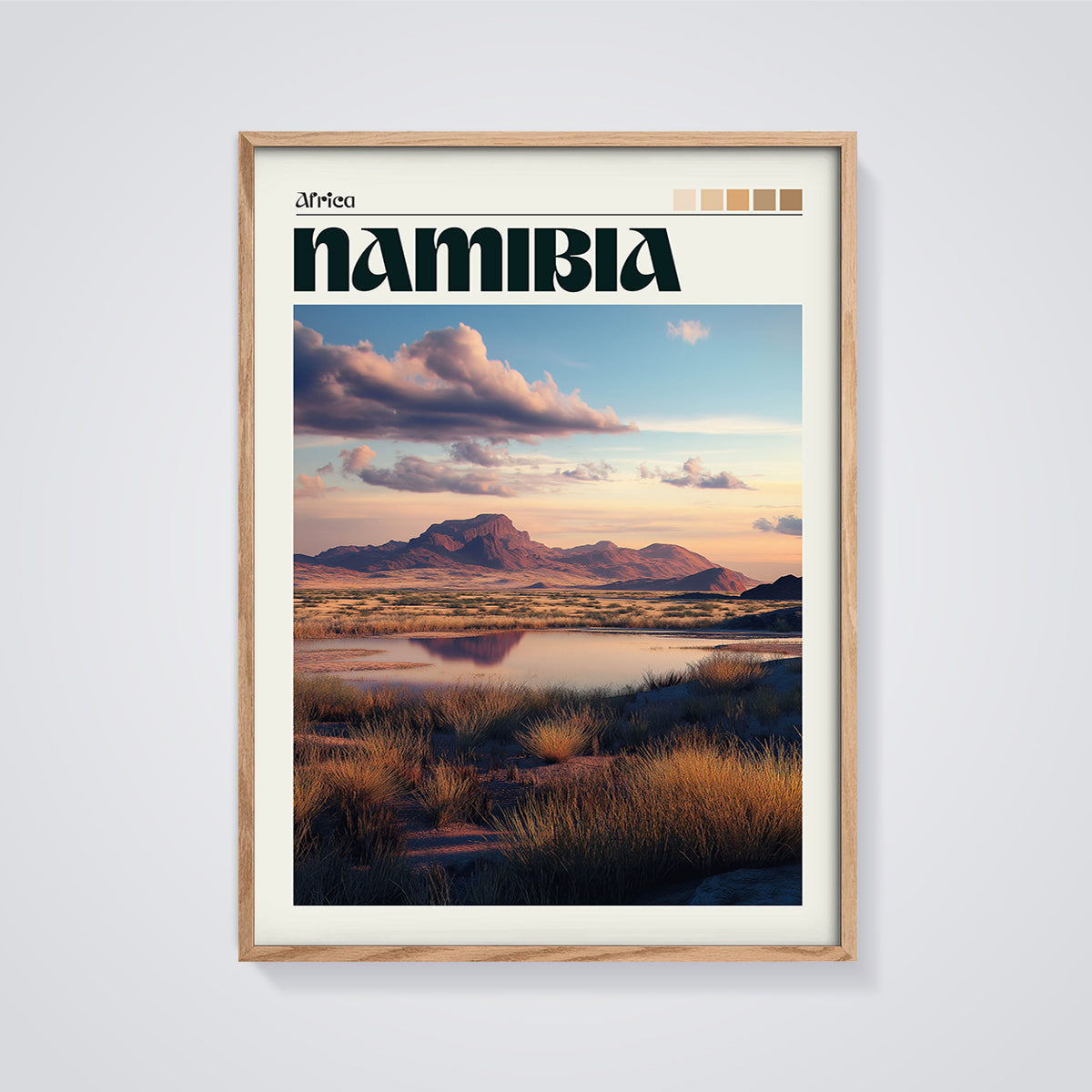 Namibia Desert Sunset Print framed in oak on a grey background
