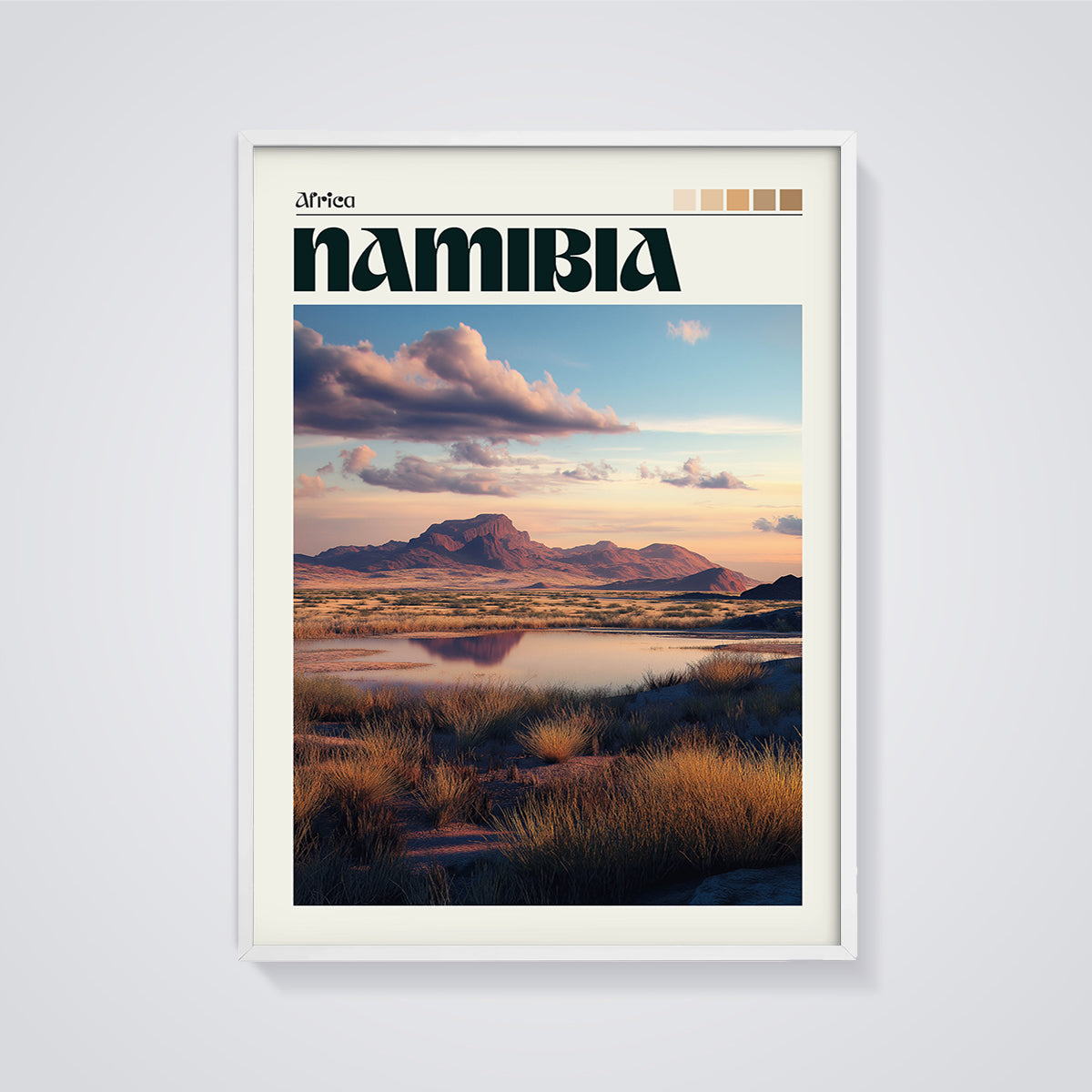 Namibia Desert Sunset Print framed in white on a grey background