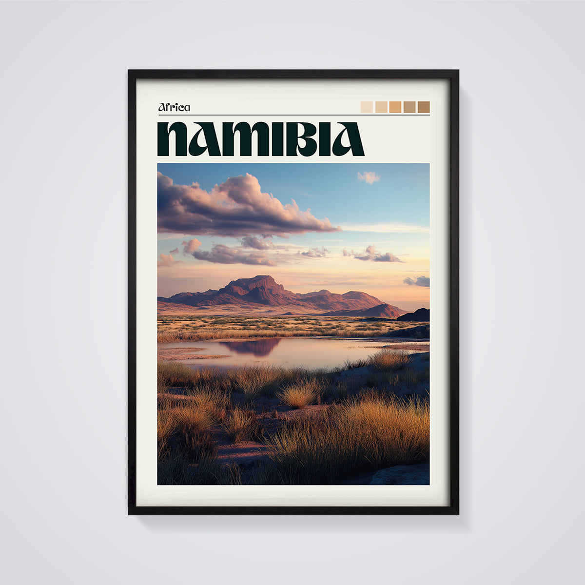 Namibia Desert Sunset Print framed in black on a grey background