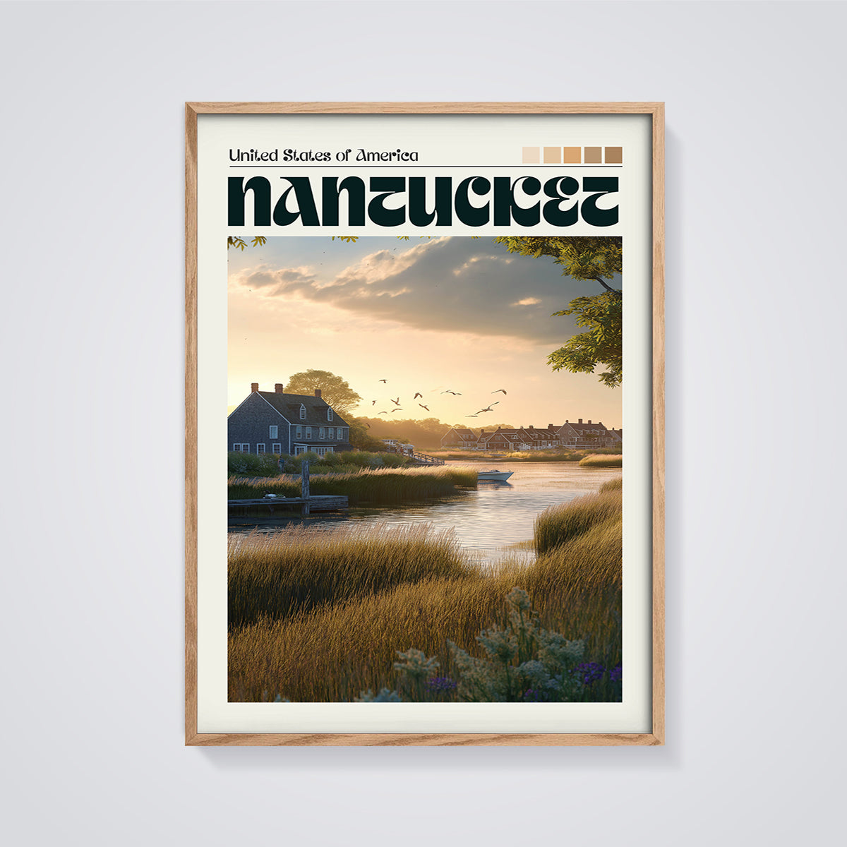 Nantucket Coastal Sunset Print framed in oak on a grey background