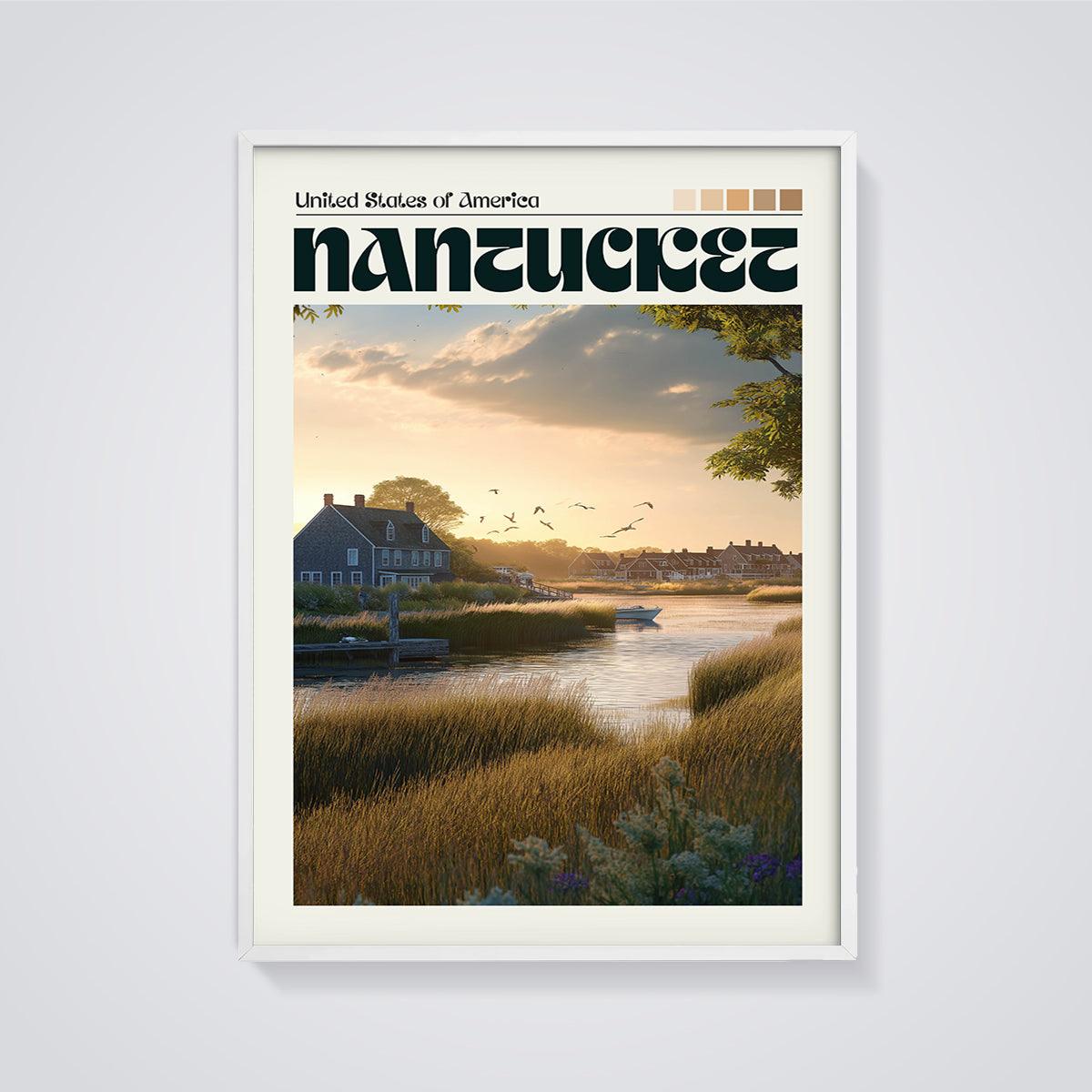 Nantucket Coastal Sunset Print framed in white on a grey background