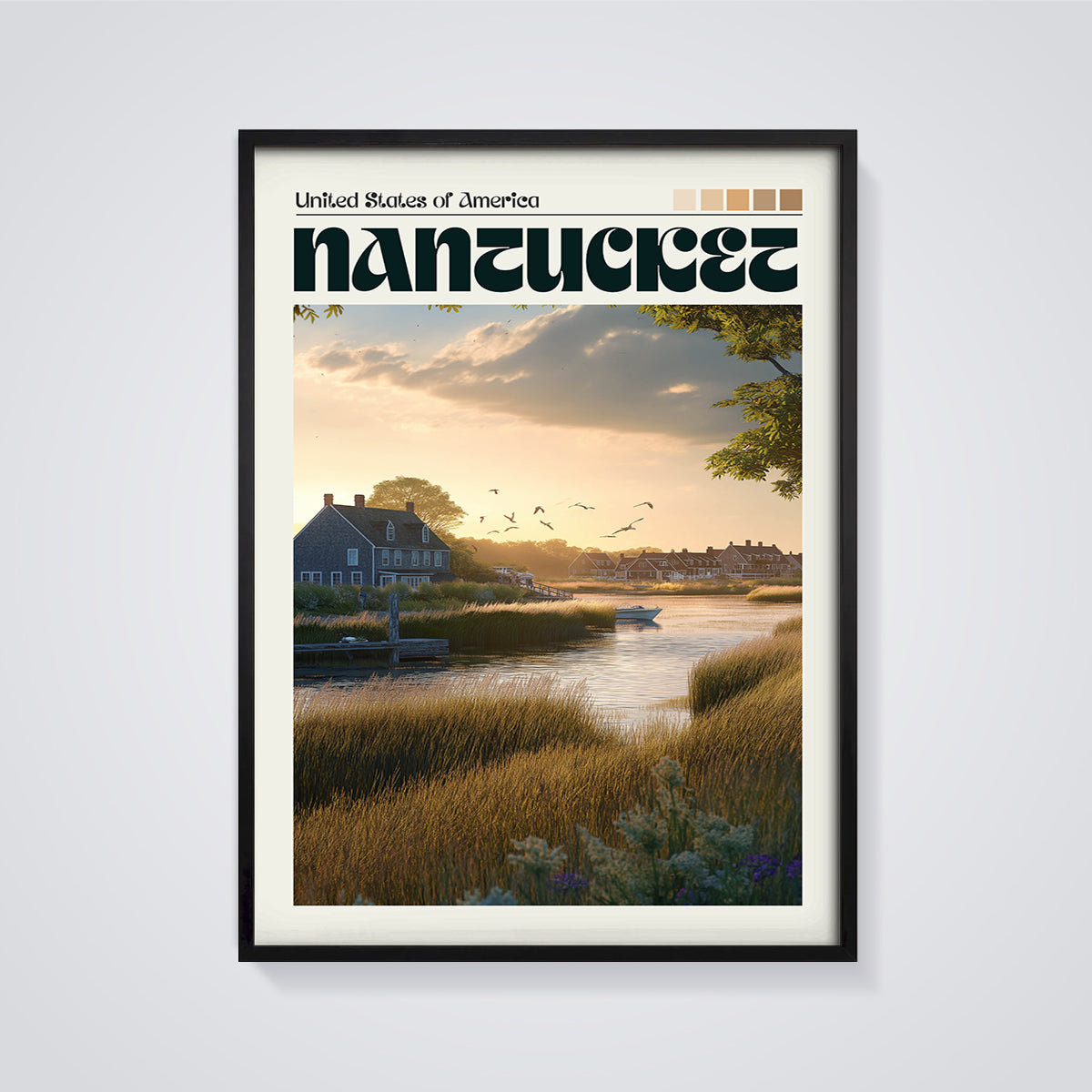 Nantucket Coastal Sunset Print framed in black on a grey background