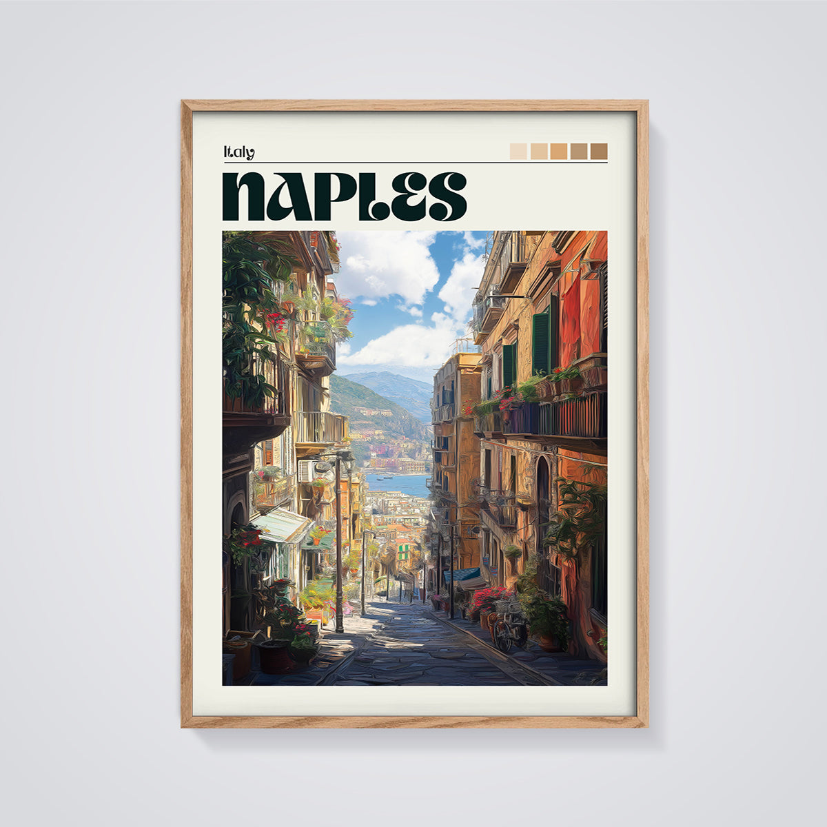 Naples Italy Street View Print framed in oak on a grey background